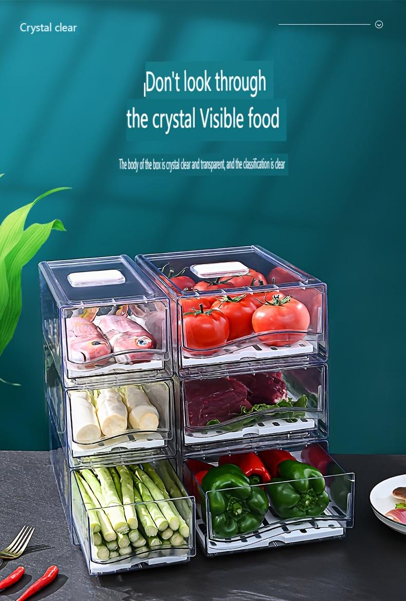 Transparent Rectangular Plastic Storage Box, Stackable Drainage Food Container, Kitchen Refrigerator Organizer, Drawer Style, Fridge Organizer