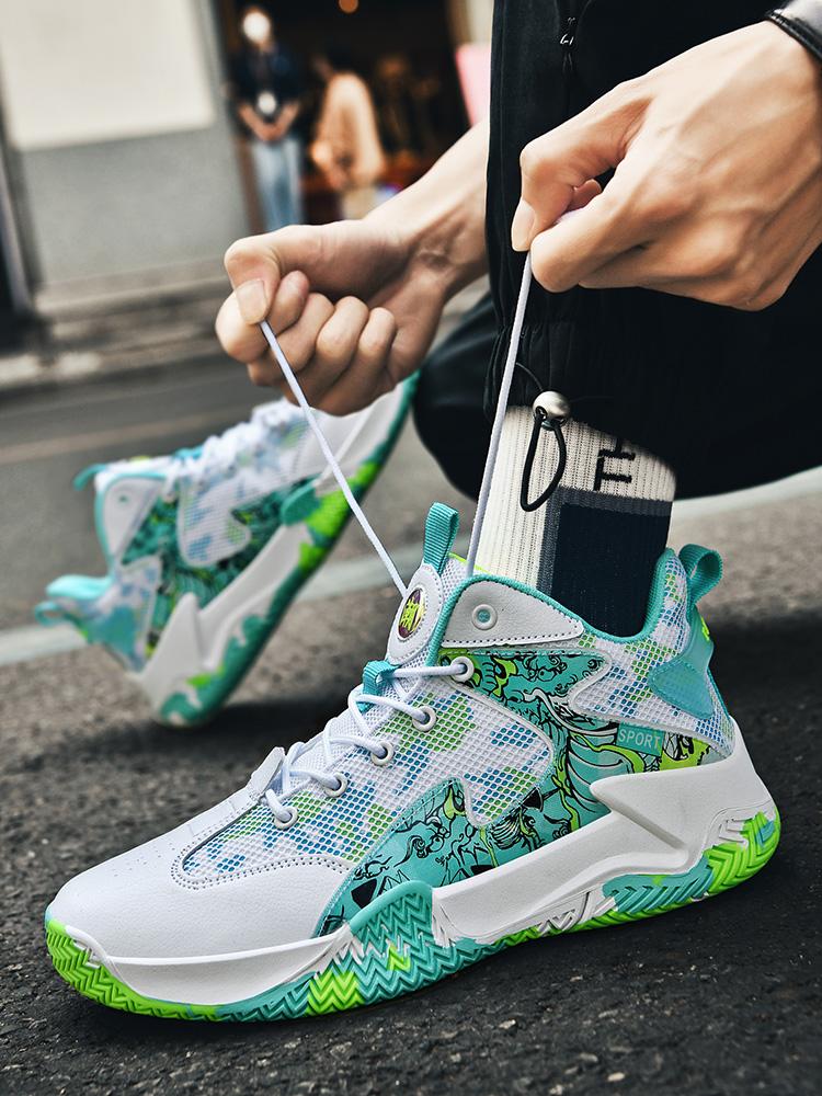 1 Pair Unisex Graffiti Performance Basketball Shoes: Shock-absorbing & Non-slip, Breathable Mesh Upper + Anti-twist Rubber Outsole + Printed Patchwork, Street Sporty Style, Ideal for Teenagers' Court Games & Daily Streetwear