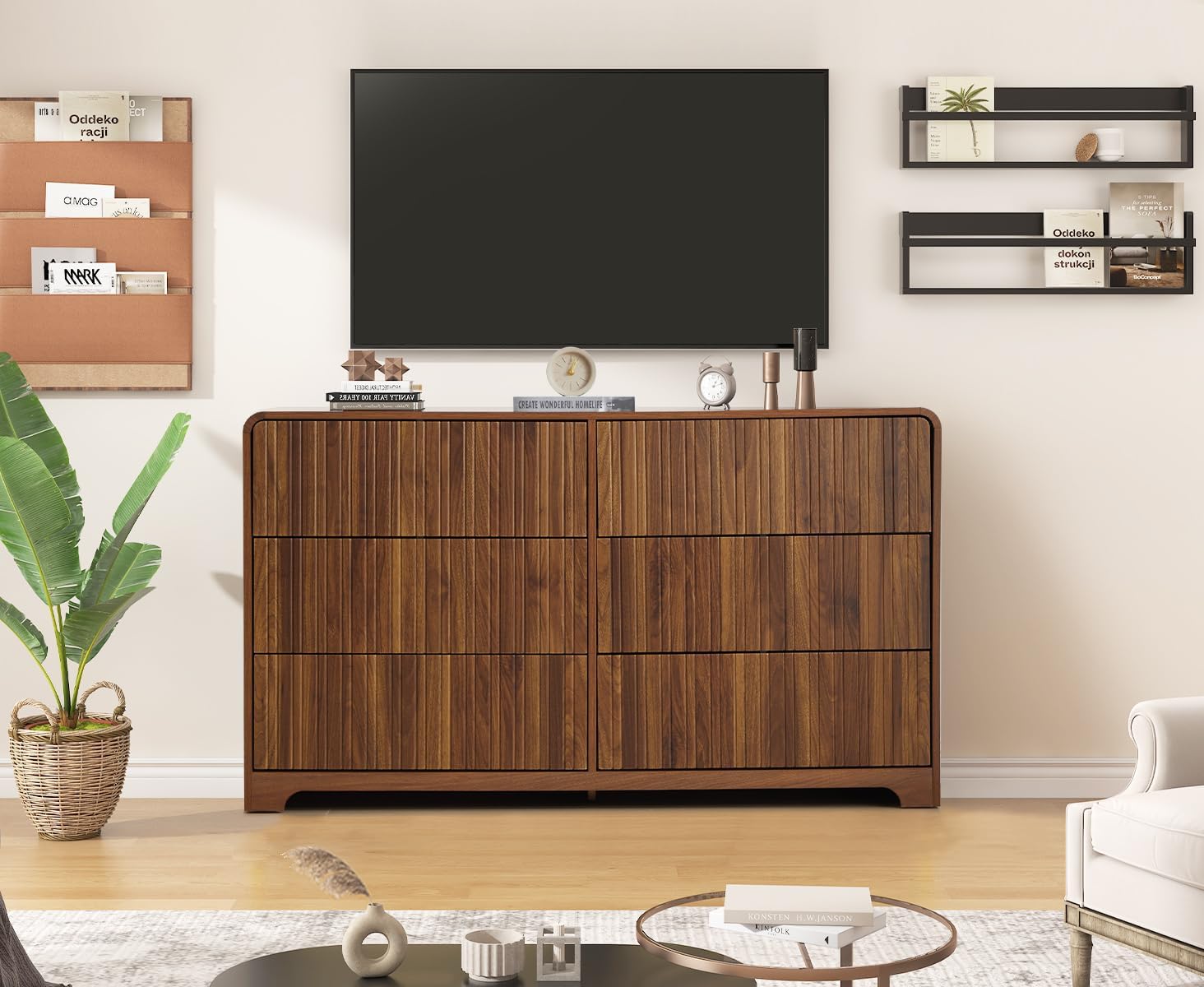 Giratree Fluted 6 Drawers Dresser for Bedroom, 53" Wide Mid Century Modern Chest of Drawers with Curved Profile Design, Large Wood Double Dresser for Living Room Wooden Dressing Table with Drawers