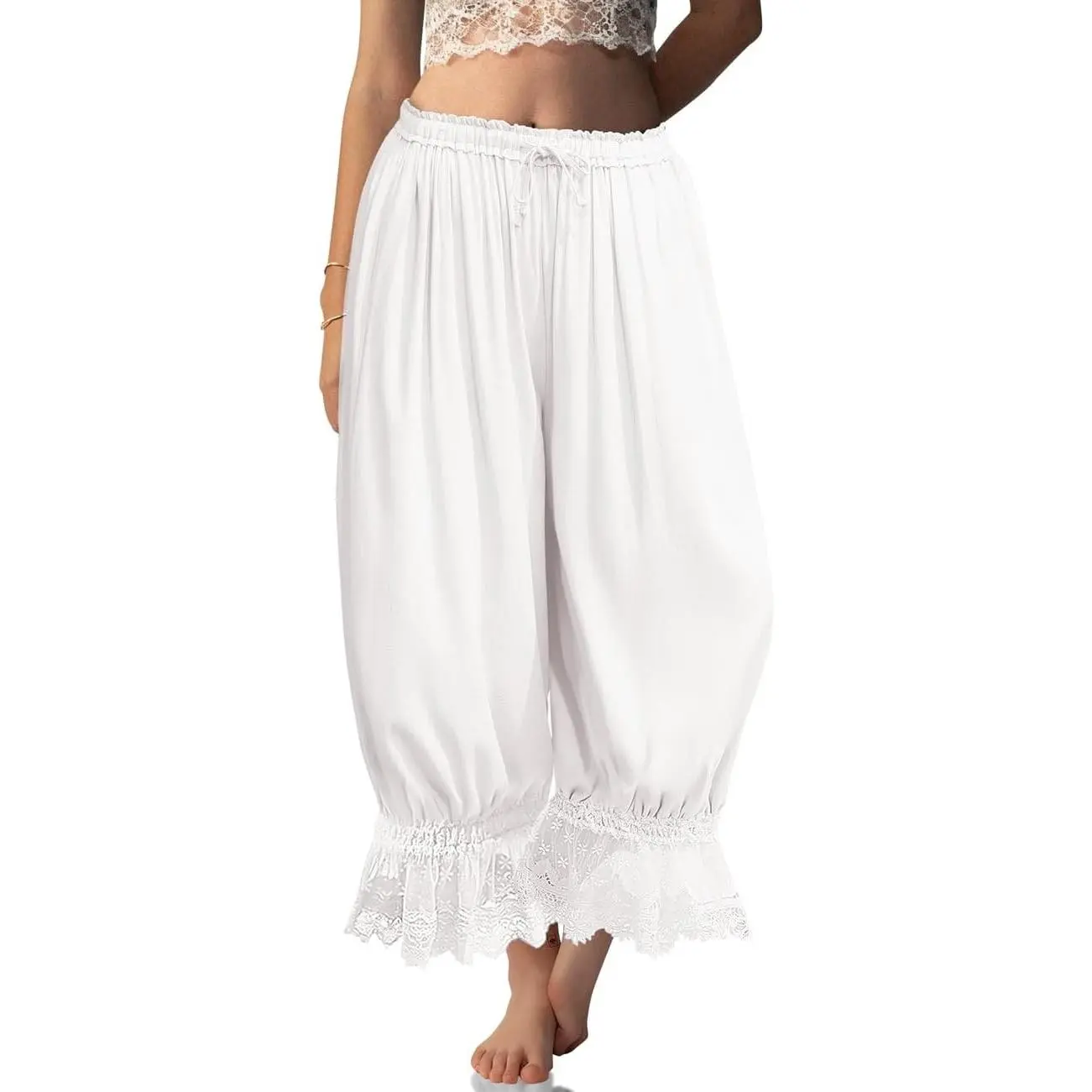 Women's Oversized Comfy Long Linen Leg Bloomers with Lace Trim & Ruffles - Victorian Vintage Pantaloons for Halloween, Cosplay, Summer Beach Use