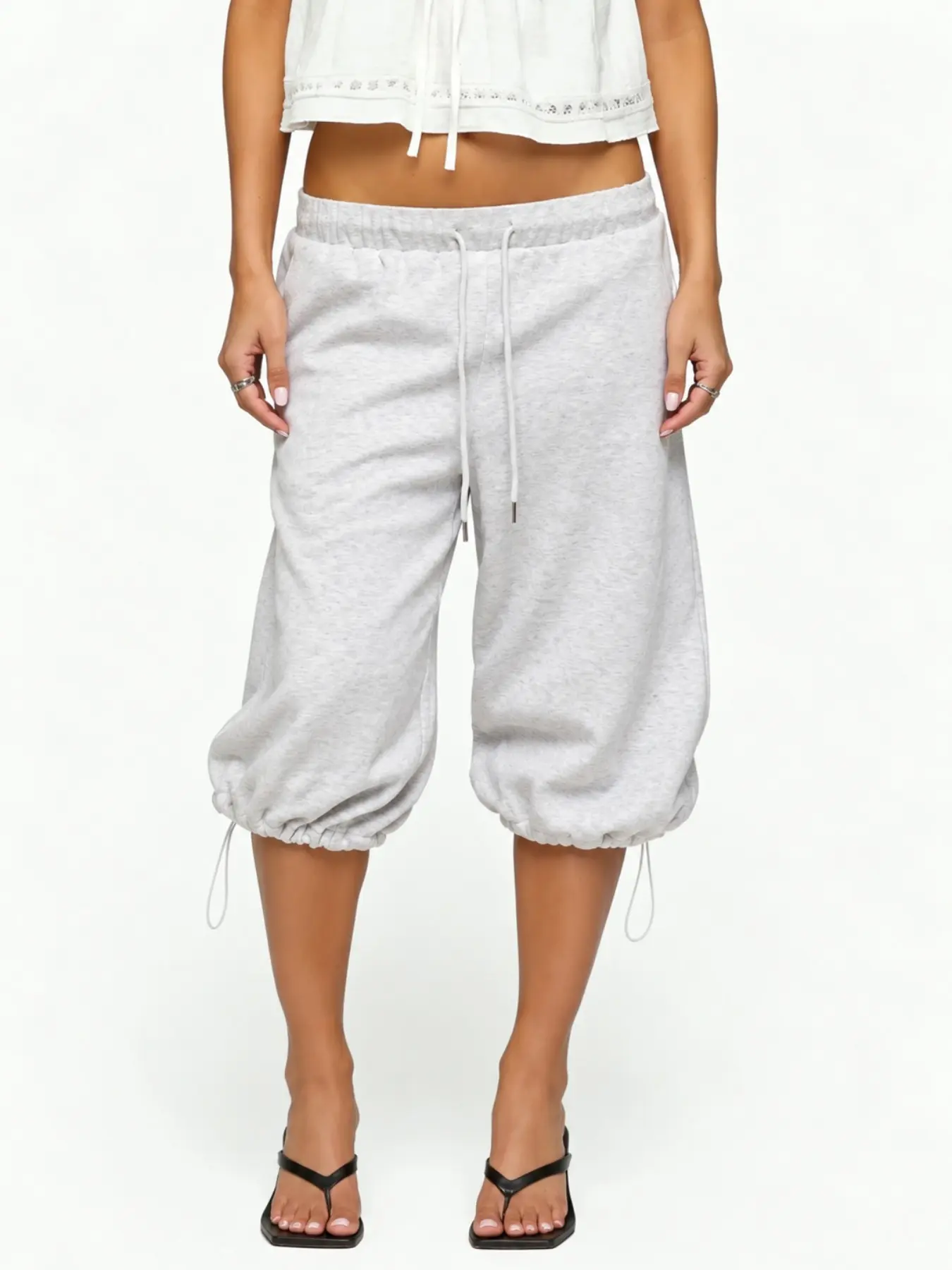 Women Casual Heather Gray 7/8 Length Lantern Sweatpants, All purpose pants, elastic waistband with double drawstrings, adjustable drawstring at hem, loose fit, soft knit fabric, two wearing styles, great for daily loungewear and casual outfits