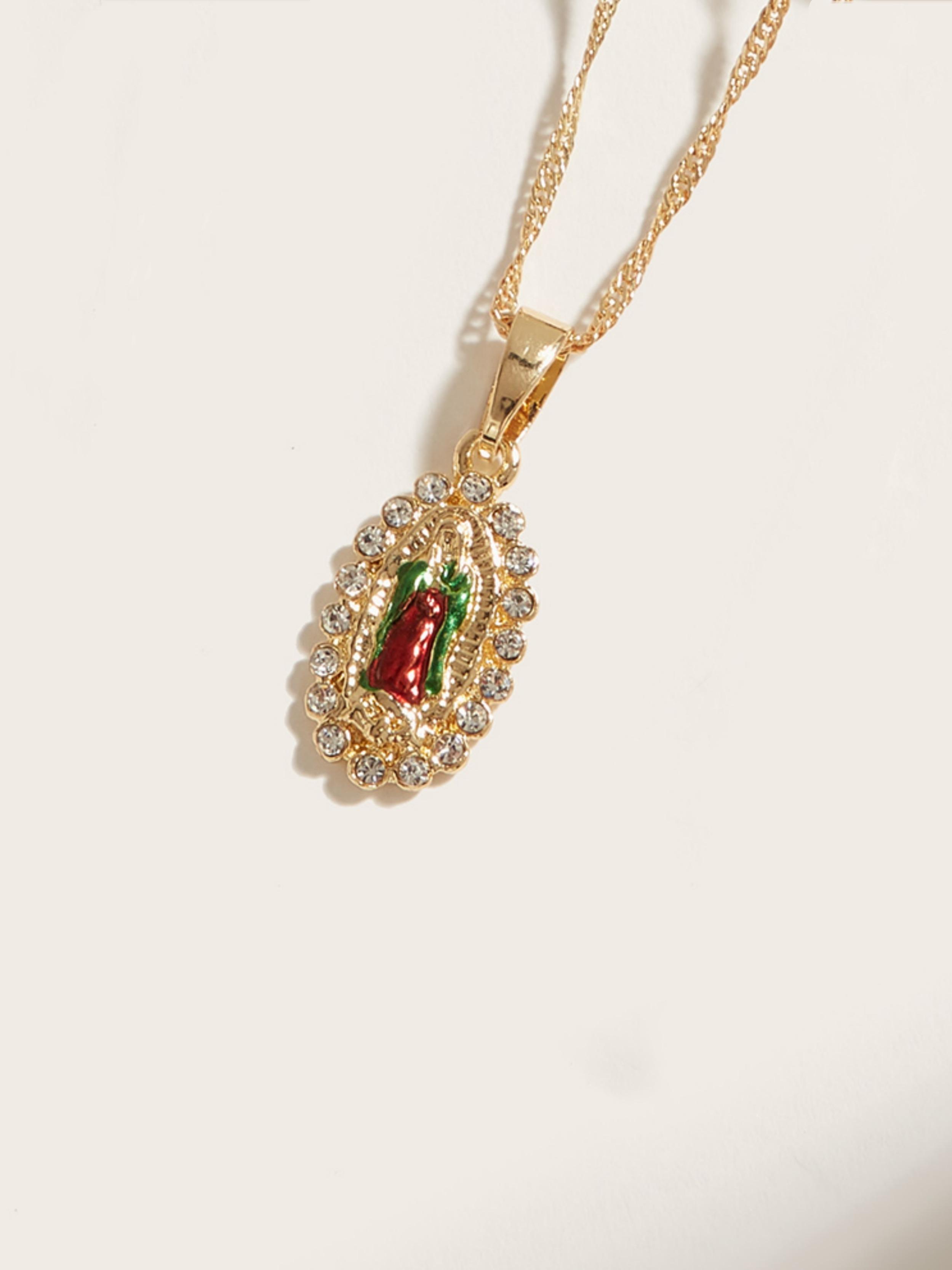 1pc Women's 14K Virgin Mary Mama Our Lady Guadalupe Pendant Necklace, 1.2mm Wave Chain, Unisex Jewelry, 18 Inch, Perfect Religious Gift