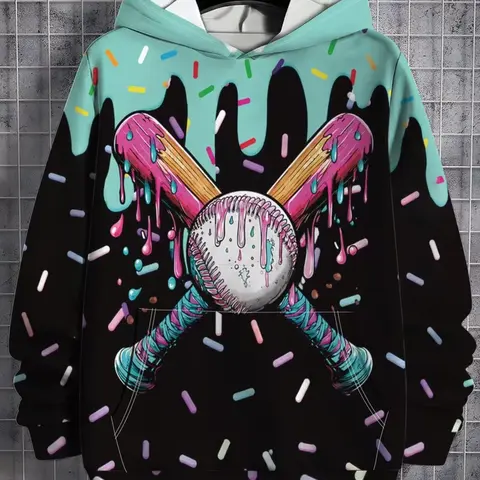 Boys' Casual Graphic Hoodie, Candy Drip and Baseball Bat Print, Colorblock Hooded Sweatshirt for Spring, Perfect Gift for Boys