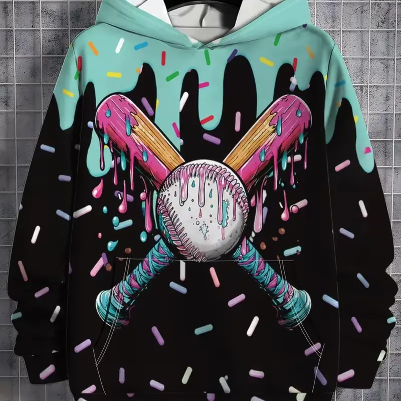 Boys' Casual Graphic Hoodie, Candy Drip and Baseball Bat Print, Colorblock Hooded Sweatshirt for Spring, Perfect Gift for Boys