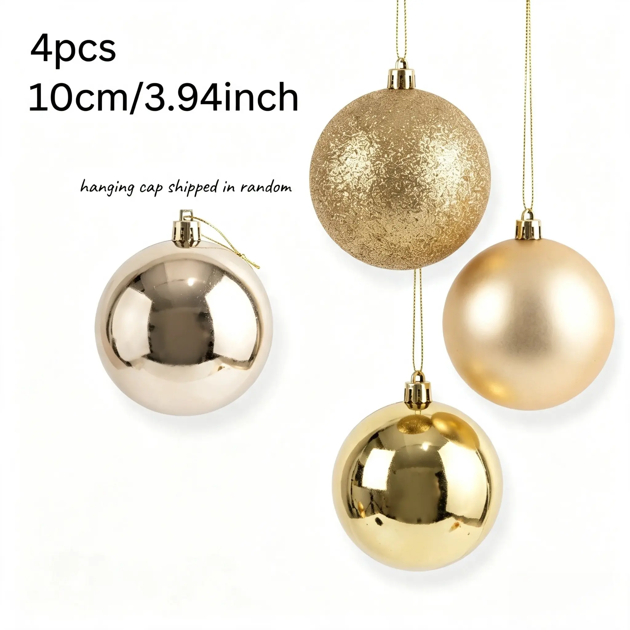 4 pieces, 10cm/ 3.94inch Champagne-colored Christmas ball ornaments, various styles and large sizes of Christmas tree decoration balls, Christmas ball decorations (hanging caps shipped randomly), Decorative Hanging Ornaments, Festive Home Decoration