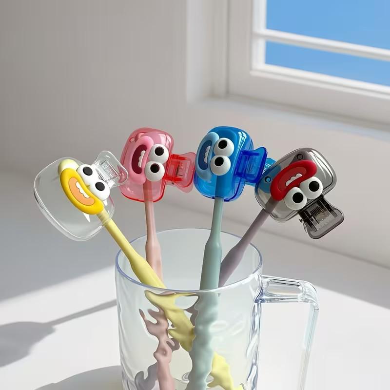 4pcs Cute Smiley Face Toothbrush Protective Covers, Random Color Dopamine Matching, Home Travel Essential, Durable Washable Material, Toothbrush Protector