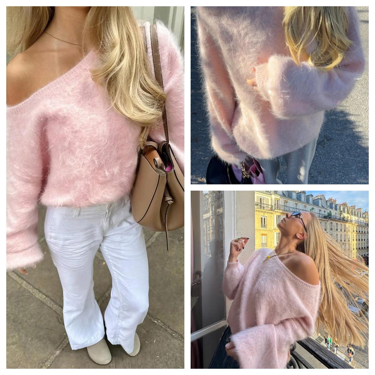 Women's Plush One-Shoulder Knit Top, Knitwear, Soft Pullover Sweater, Warm Autumn Winter Loose Fit Long Sleeve, Elegant Sweet Style