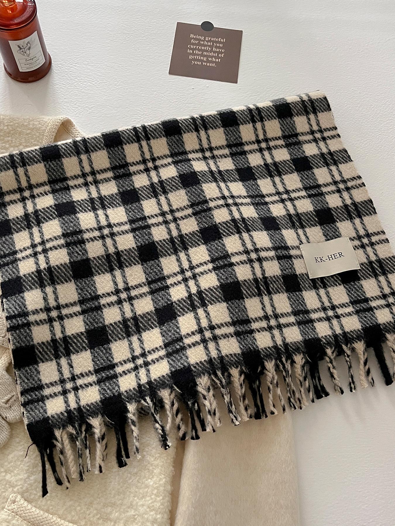Women's Autumn Winter Casual Fashion Imitation Wool Checkered Scarf, Plaid Woven, Thickened Knit Wrap for Christmas Warmth