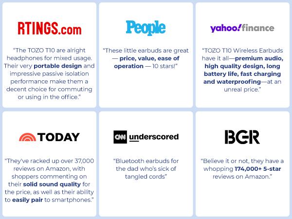 TOZO-T10 (Ergonomic Edition) Wireless Earbuds Bluetooth 5.3 Headphones, App Customize EQ, Ergonomic Design, 55H Playtime, Wireless Charging Case, IPX8 Waterproof Sound in-Ear Headset, 2024 New Version FathersDayGift Audio Electronic