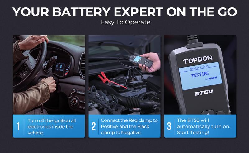 Car Battery Tester 12V, TOPDON BT50, Automotive 100-2000 CCA Battery Load Tester Cranking and Charging System Auto Test Scan Tool Digital Battery Alternator Analyzer (Upgraded Version of AB101) Car Battery Tester 12V, TOPDON BT50, Automotive 100-2000 CCA Battery Load Tester Cranking and Charging System Auto Test Scan Tool Digital Battery Alternator Analyzer (Upgraded Version of AB101)
