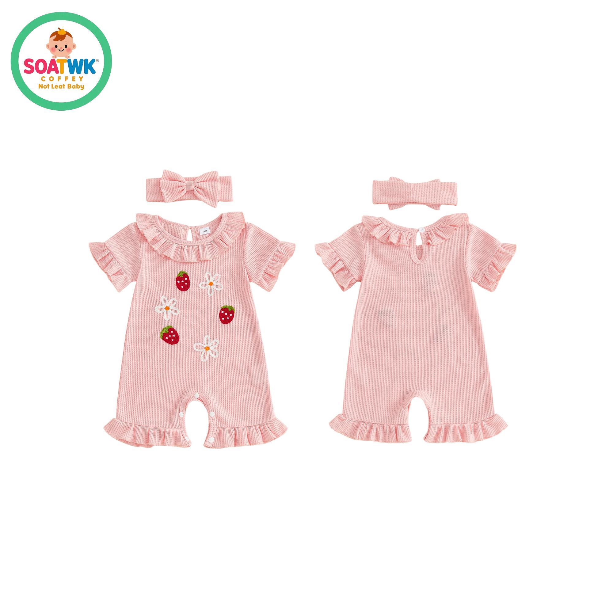 Baby Girl Summer Romper Strawberry Floral Embroidery Ruffles Short Sleeve Jumpsuit with Cute Headband Set