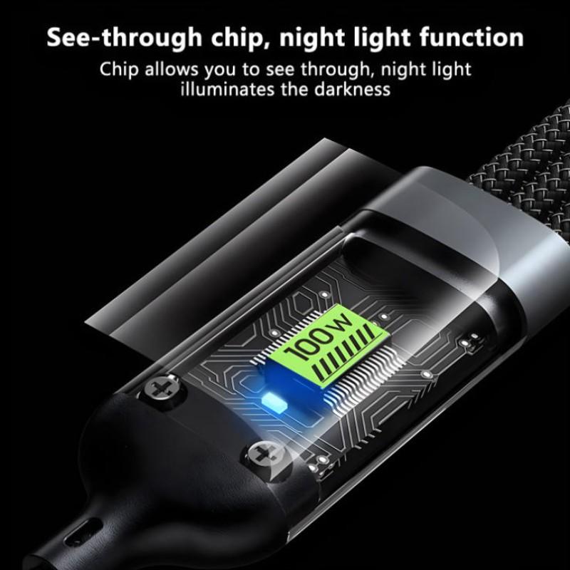 New 100w USB Type-C Super Fast Charging Cable, Compatible with iPhone Samsung Xiaomi Huawei, LED Light, Durable Design, 1.2m Triple Function Charger
