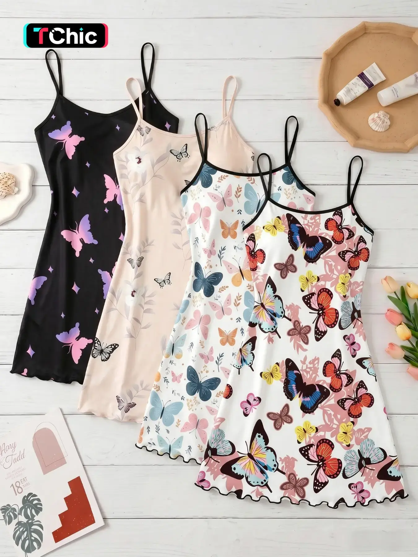 4-Pack Butterfly Print Nightdresses, Pajama Dresses, Sleeveless Spaghetti Strap Slim-Fit Sleepwear, Breathable & Comfortable, Casual Loungewear for All Seasons