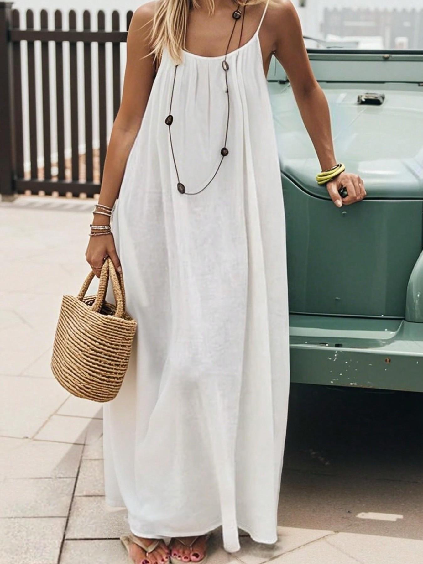 Plus Size Summer Cotton Linen Backless Strap Dress, Loose Vacation Long Dress, Beachwear Sundress, Casual Boho Style