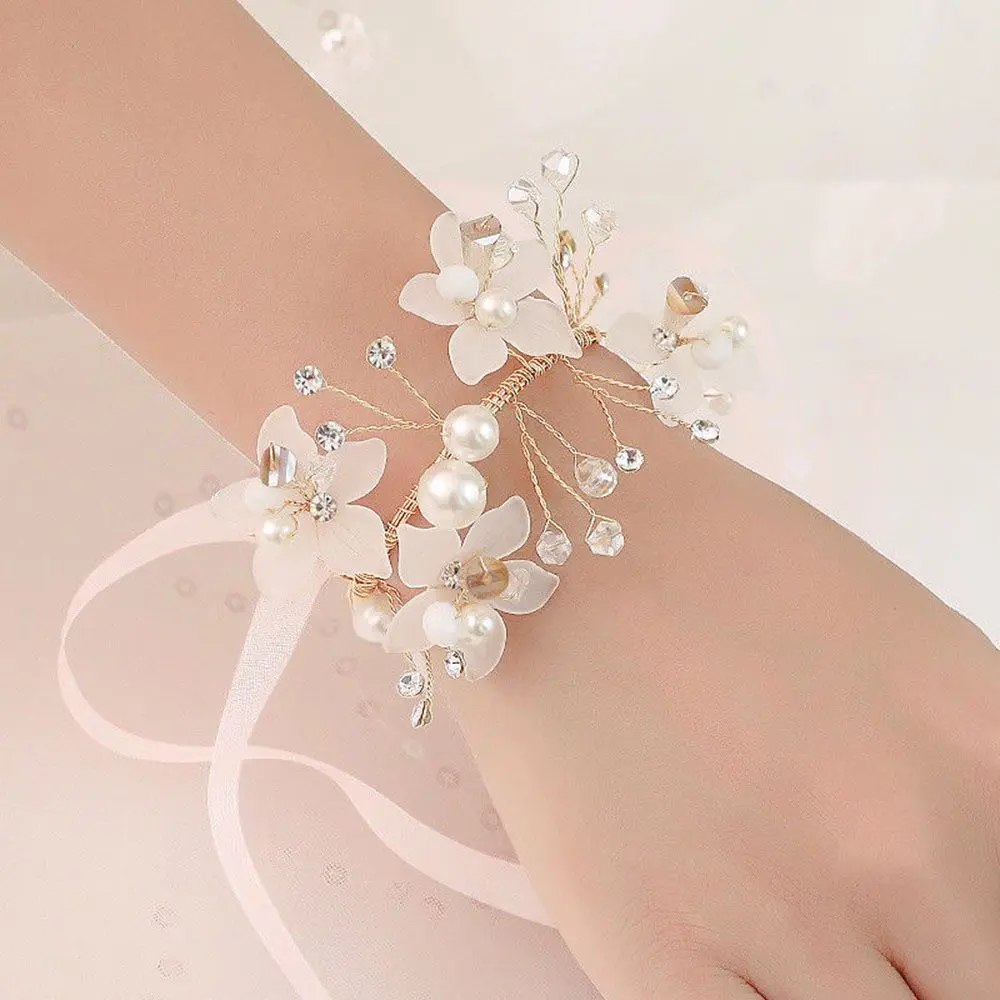 Elegant Silk Rose Wrist Corsage with Pearl Accents, Bridesmaid Wristband Bracelet for Wedding, Prom, Anniversary Party