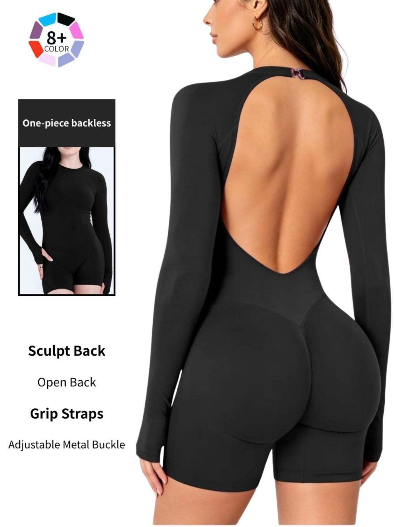 Women's All-Season Long Sleeve Backless Workout Jumpsuit, Tummy Control & Butt Lifting, Stretchy Slim Fit Gym Bodysuit for Pilates & Running, Backless Activewear