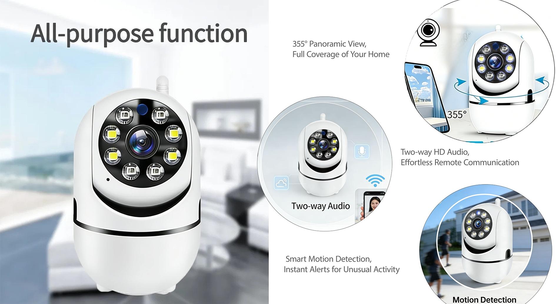 Security Camera with 355 Panoramic View 90 Vertical Tilt 2.4G WiFi Connected 8-Light Group Design Built in MIC and Speaker Two Way Voice Communication Motion Detection Alert Cloud Video Playback for Indoor Home Security Monitoring