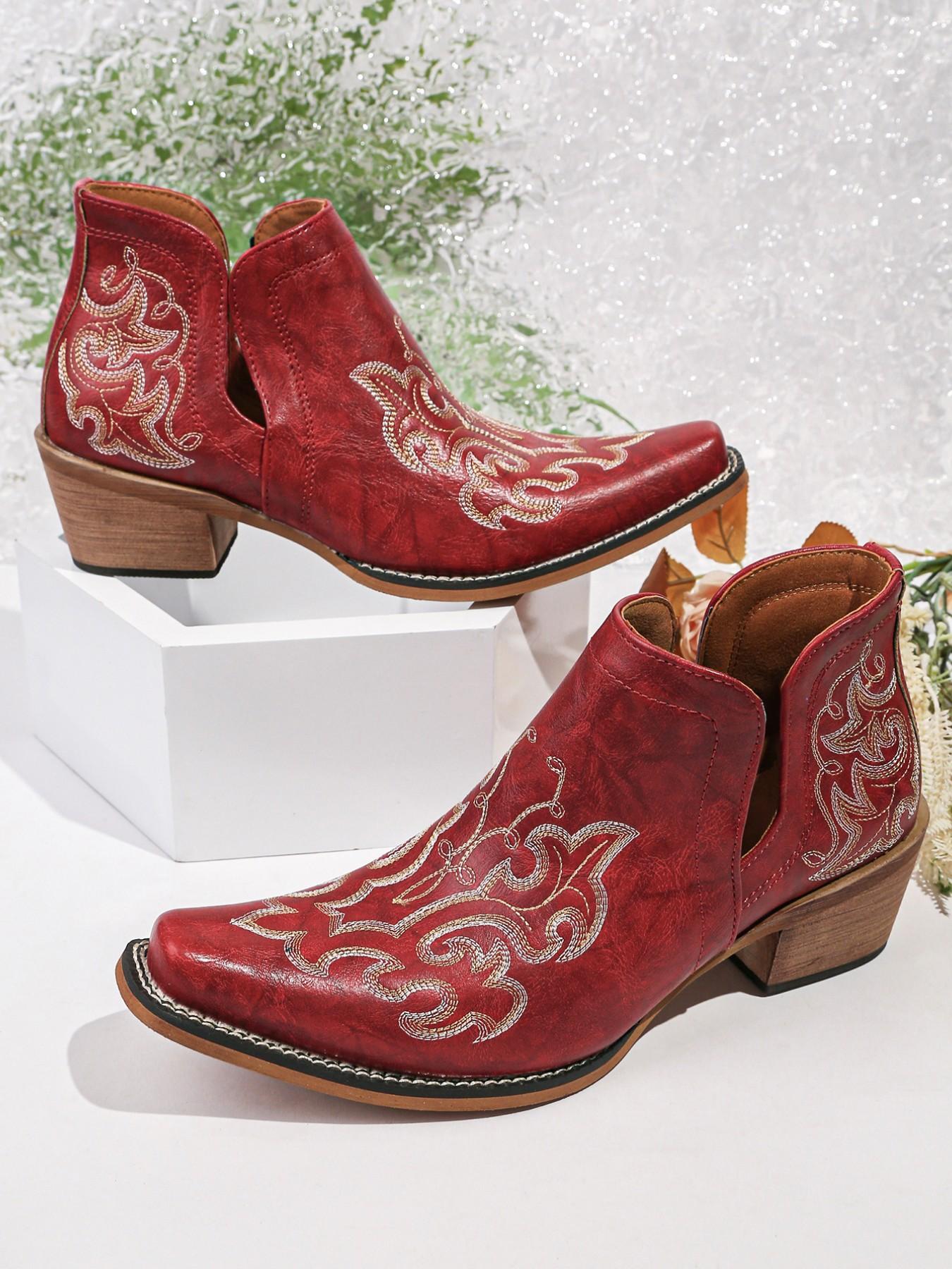Women's Short Cowboy Ankle Boots, Embroidered Ankle Boots, V-Cut Slip-On Western Booties with Embroidery, Block Heel PU Leather Cowgirl Boots for Everyday Wear