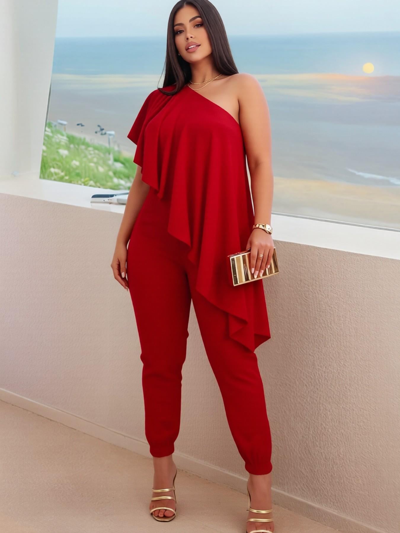 Two-Piece Asymmetrical Ruffle Top and Elastic Waist Pants Set, Fashionable Side Pockets, Fit, Perfect for Office, Dates, Parties, Holidays