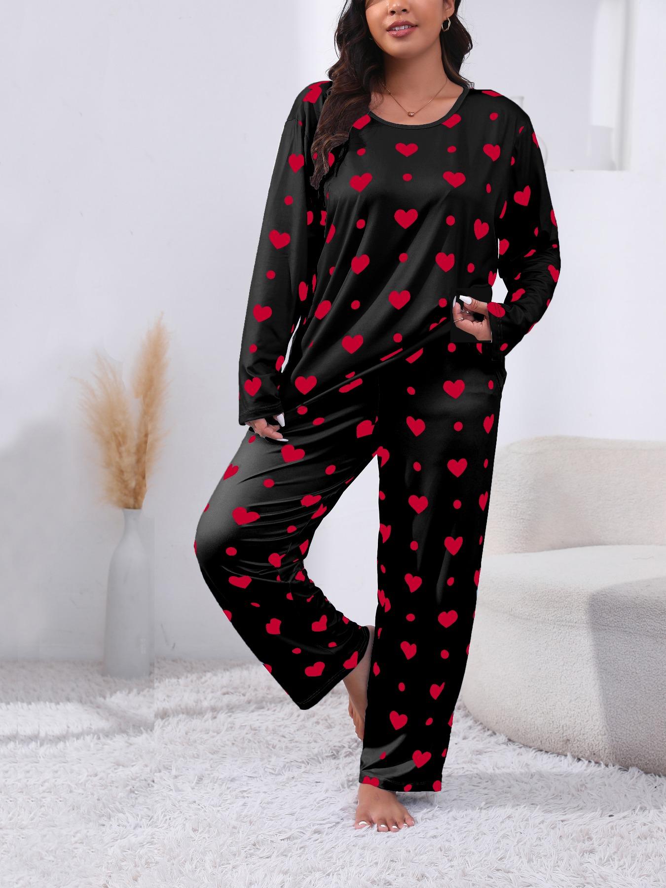 Plus Size Heart Print Drop Shoulder Pyjama Set, Casual Comfy Long Sleeve Round Neck Top & Trousers PJ Set, Pajamas, Summer Outfits 2024, Women's Sleepwear for Spring & Fall