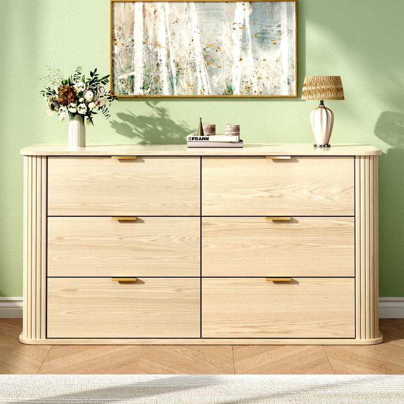 Mid-Century Modern Fluted 6-Drawer Dresser - Curved Profile Design, Solid Oak Wood Storage Cabinet for Bedroom, Living Room, Entryway, or Hallway, Multi-Functional TV Stand & Chest of Drawers