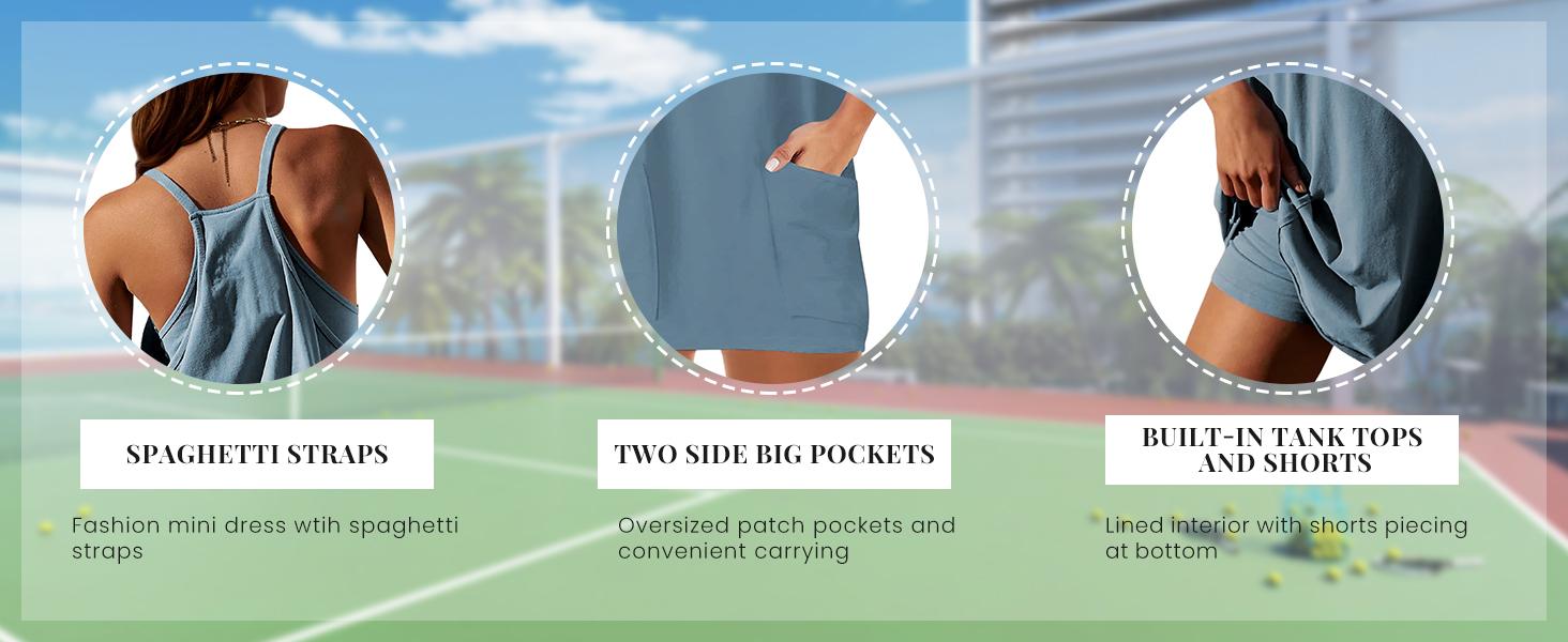 Ommig Womens Athletic Sleeveless Mini Dress with Built-in Shorts V Neck Spaghetti Strap Sundress