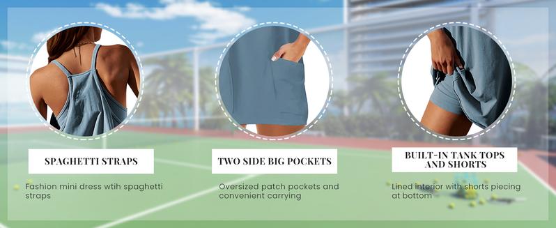 Ommig Womens Athletic Sleeveless Mini Dress with Built-in Shorts V Neck Spaghetti Strap Sundress