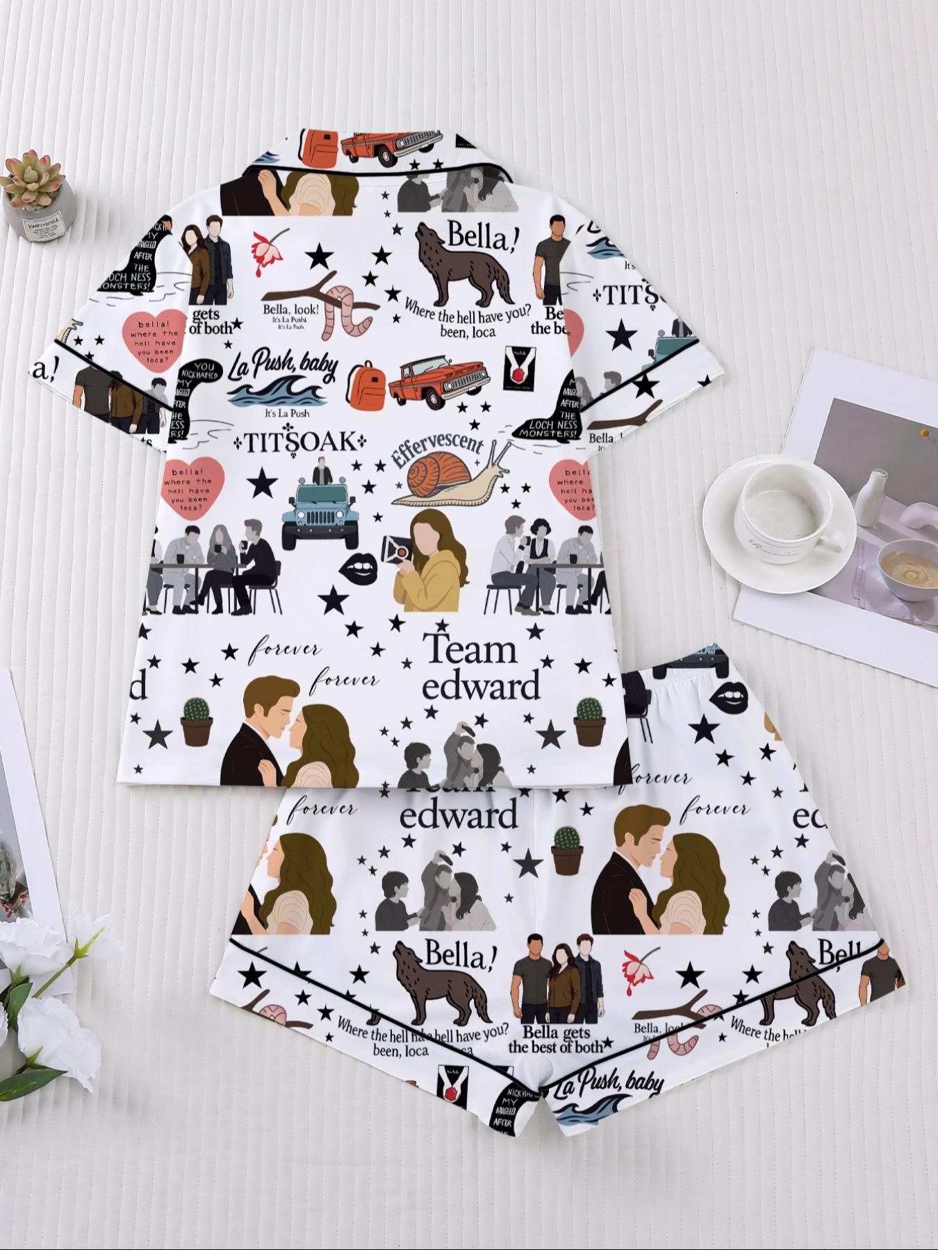 【Valentine's Day Pajamas】 Set, Twilight Print Couple Women Sleepwear, Short Sleeve Button-Up Top & Elastic Shorts, Casual Home Wear