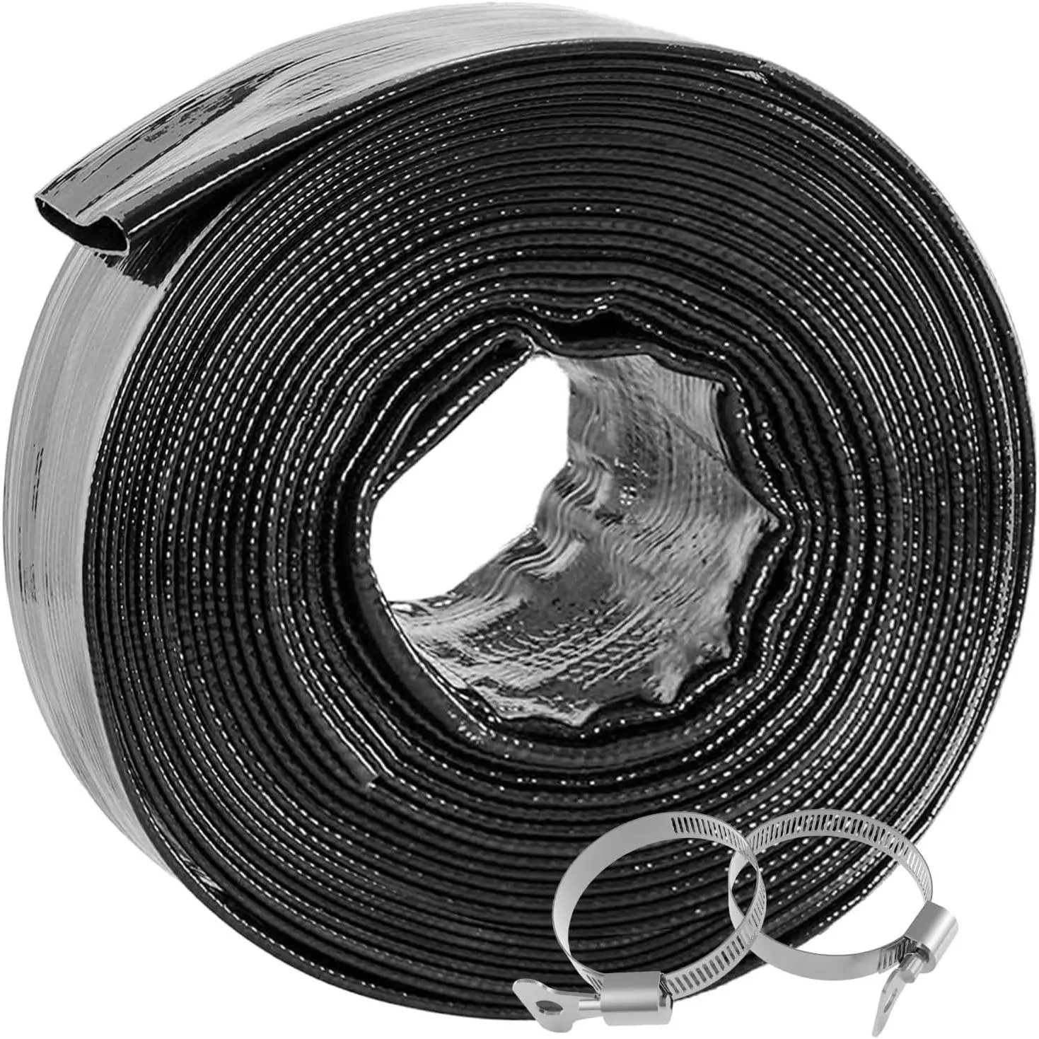 Backwash Hose 1-1/2" x 50 ft, Heavy-Duty Lay-Flat Reinforced PVC Discharge Hose with 2 Stainless Steel Thumb Screw Clamps, Leak-Resistant for Inground & Above-Ground Pool Filters