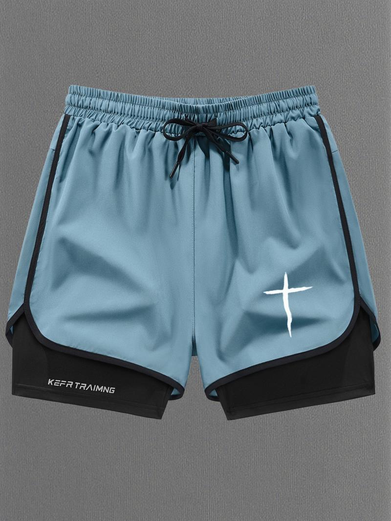 Men Women Regular Fit 2-In-1 Drawstring Waist Sport Shorts, Summer Pocket Print Casual Half Yoga Exercise Shorts, Fashionable Daily Wear