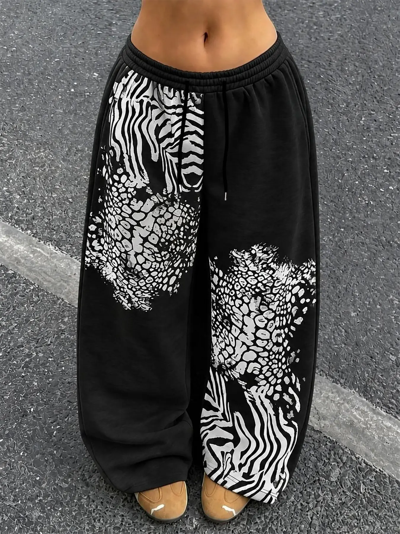 Women's Loose Wide-Leg Sweatpants with Zebra and Leopard Print, Elastic Drawstring Waist, Hip-Hop Style, Ideal for Skateboarding, Daily and Street Trendy Outfits
