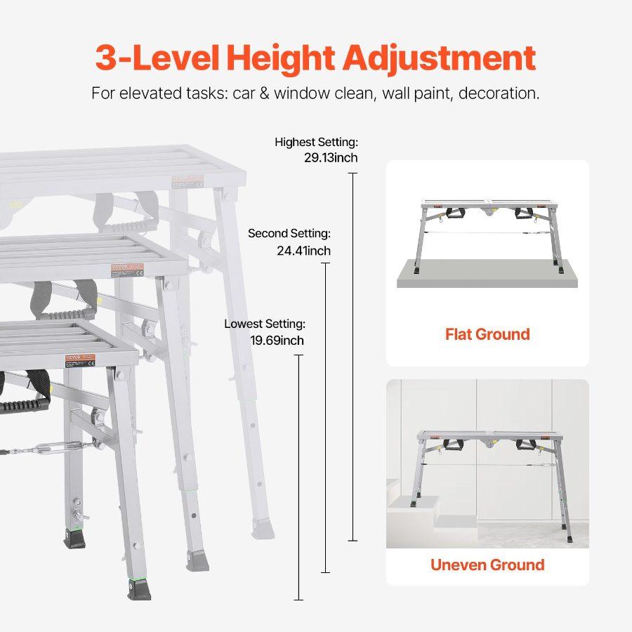 fathersdaygift VEVOR Work Platform, 3 Gear Adjustable Height, Folding Alloy Steel Step Ladder, Portable Scaffolding Platform, 400 lb Load Capacity, Non-Slip Rubber Feet, Drywall Painting Stool, for Cleaning Washing