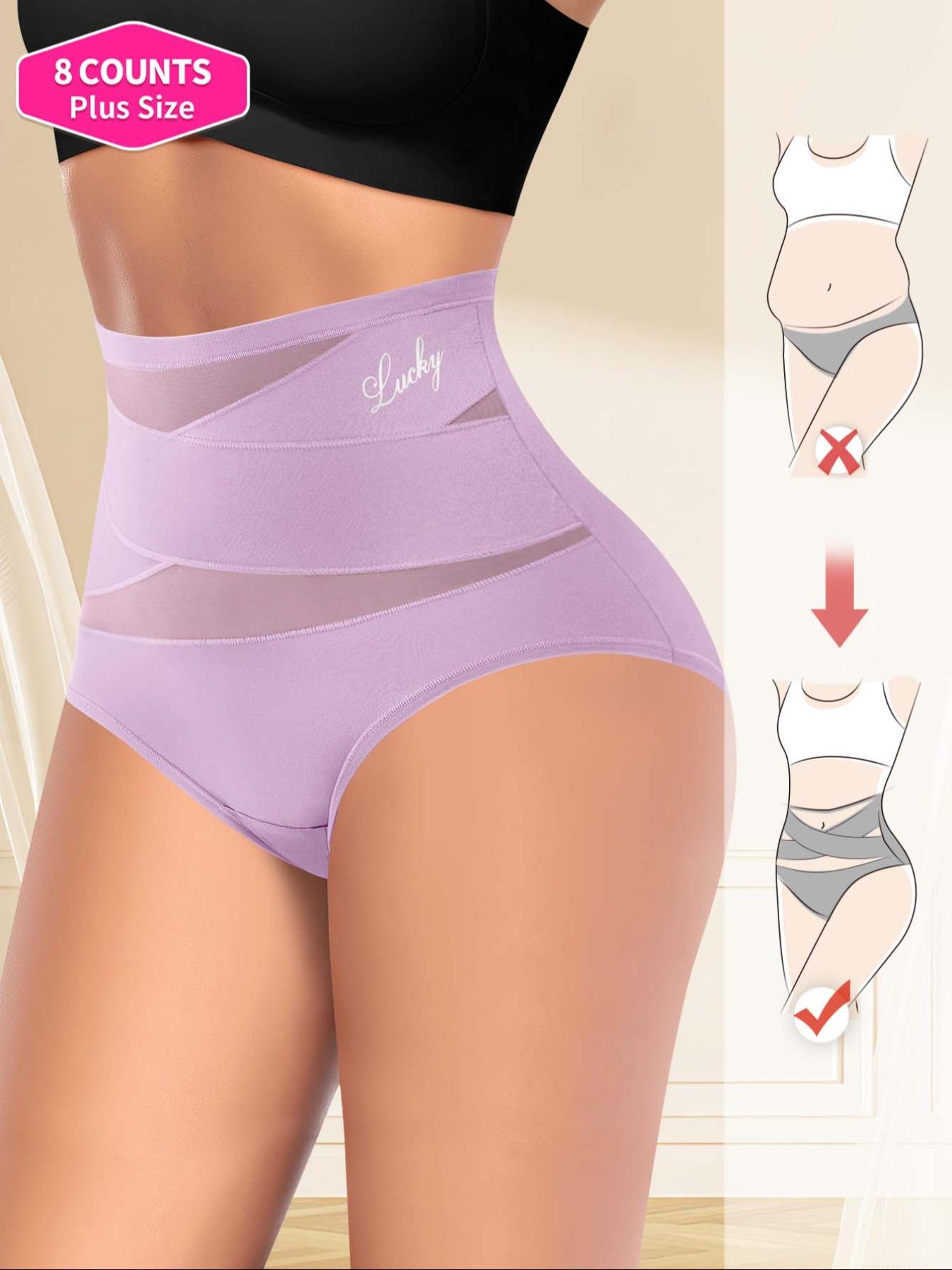 【Plus Size】 Solid Contrast Mesh High Waist Panty, Breathable Comfy Knicker for Daily Wear, Women's Underwear for All Seasons, Fashion Breathable Underwear
