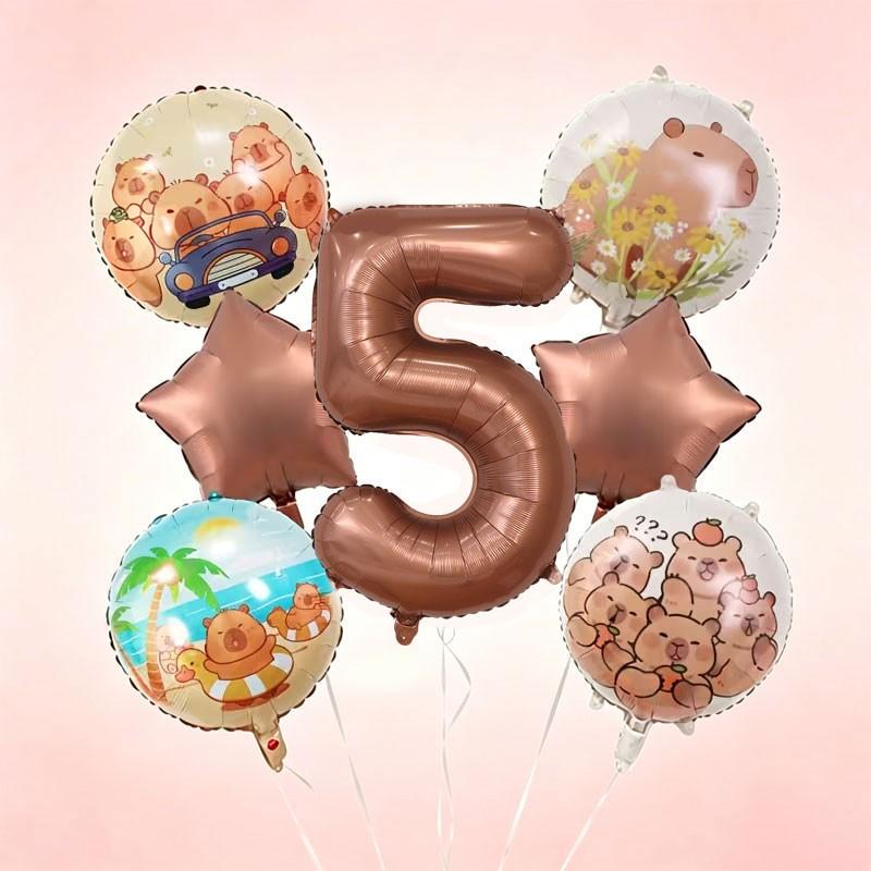 9-Piece Capybara Birthday Balloon Set, 32-Inch Chocolate Number, Shiny Star Aluminum Balloons, Party Decor, Kids Photo Props, Home Wall Decoration, Birthday Party Decorations