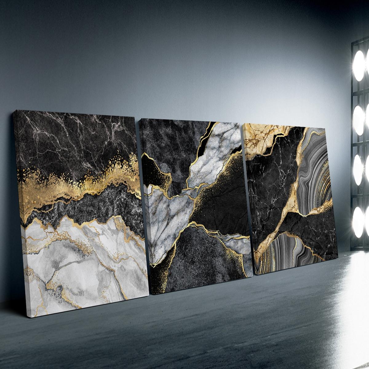 3Pcs/Set Optinal Frame Modern Abstract Design Black Golden Marble Texture, Luxury Canvas Posters, Black Wall Art, Room Decor, Decorative Artwork Wall Painting For Gift, Wall Picture for Home, Dormitory Decoration