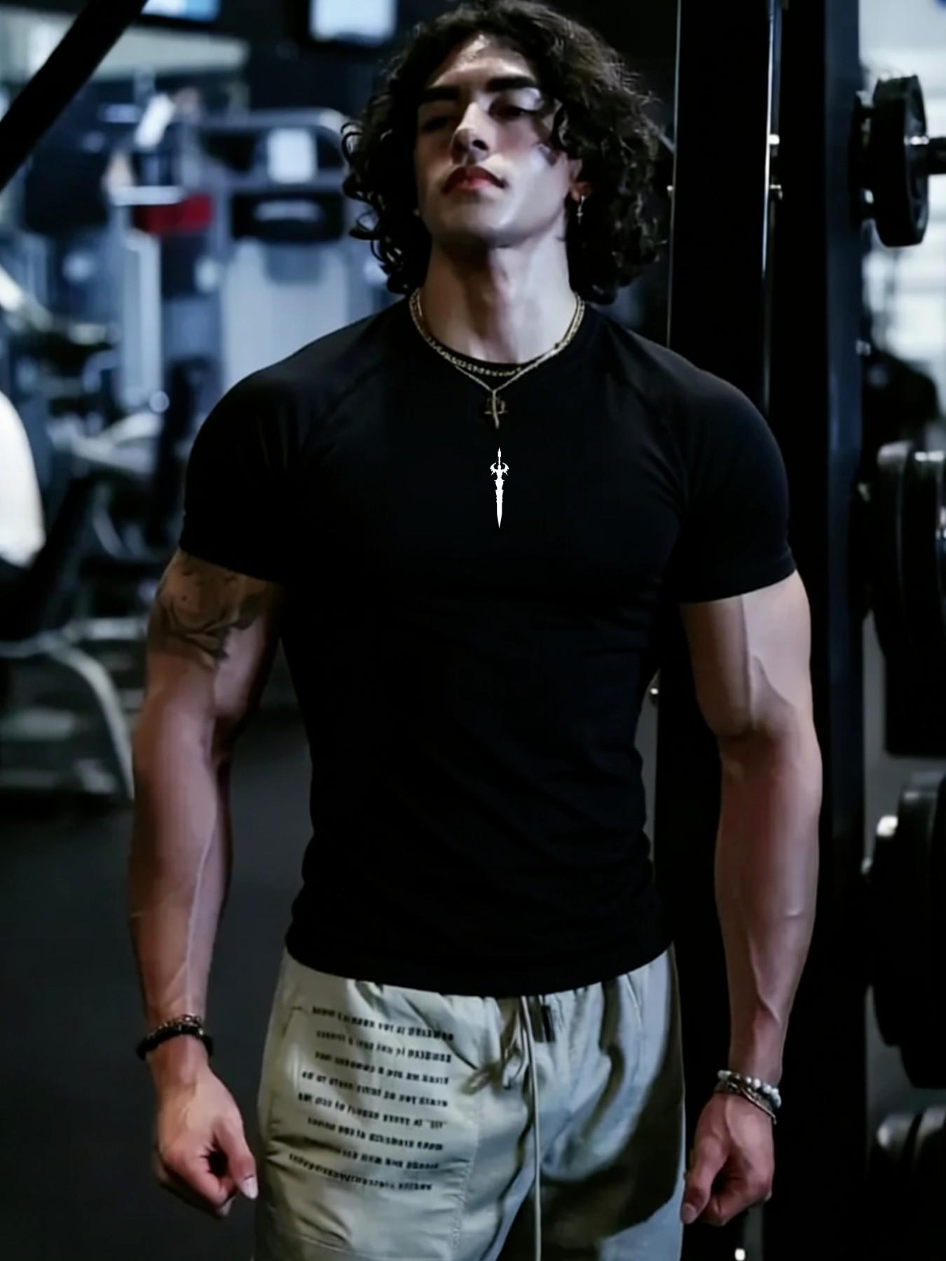 Men's New Fitness Short Sleeve Sword Print Trendy T-Shirt, High Elasticity Tight Fit Quick-Dry Sports Cycling Shirt, Men's Fashion Top