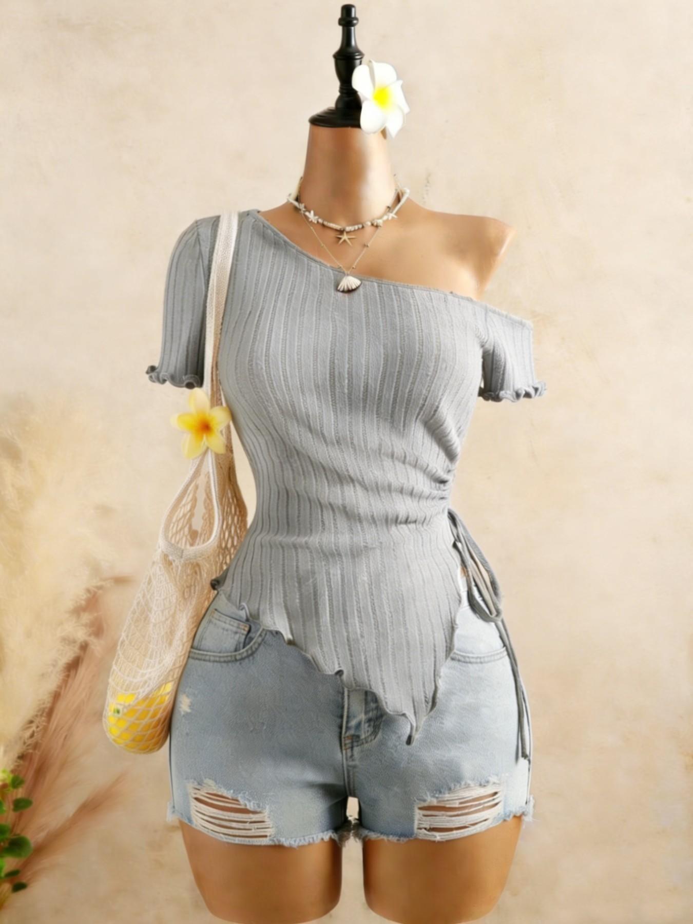 Two-Piece Asymmetrical Shoulder Knit Top, Side Drawstring Irregular Hem, Bold Short Sleeve Design, Perfect for Trendy Adjustable