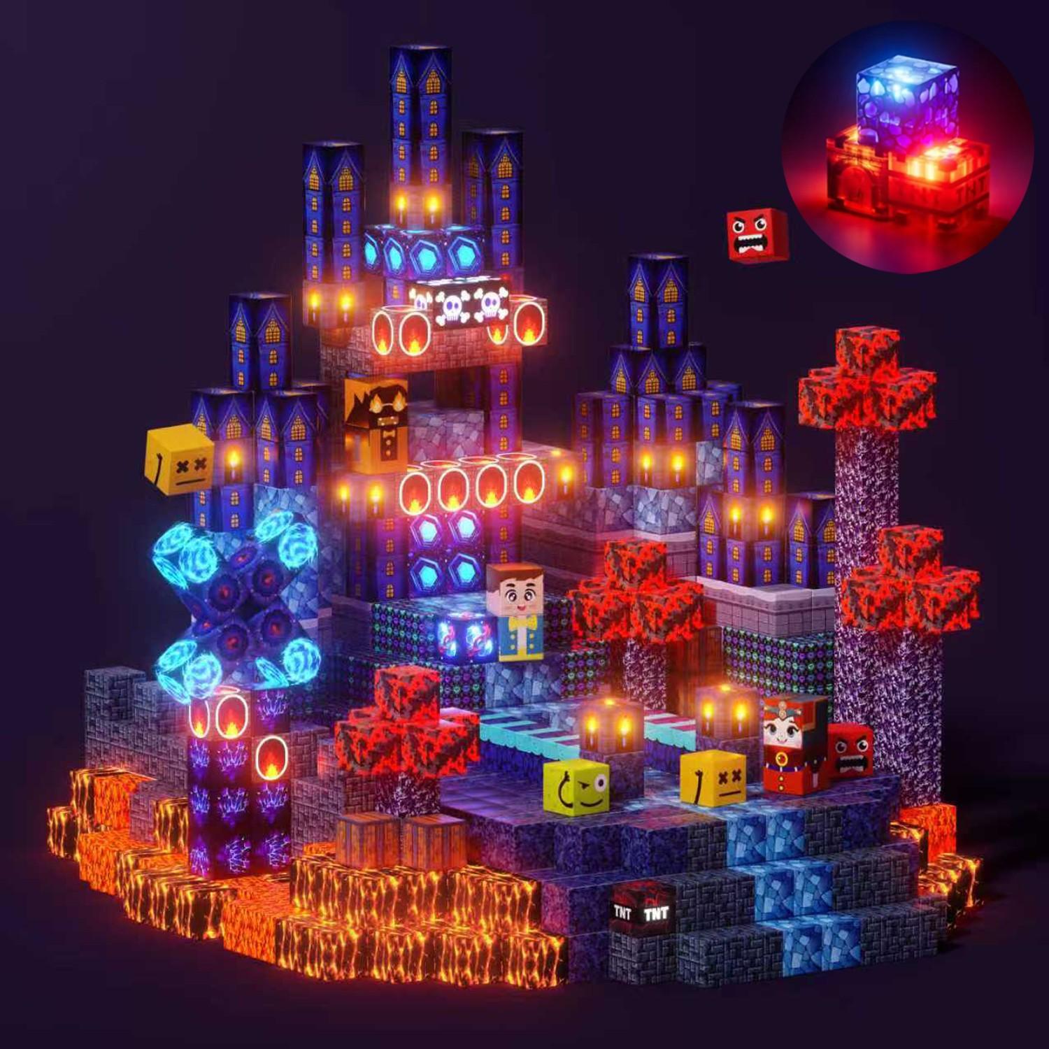 Light Up Magnetic Blocks 150/100pcs, Glowing Blue Castle Magnetic Building Set, Magnetic Cubes with LED, STEM Montessori Sensory Toys for 3-8 Kids, Spatial Reasoning & Outdoor Play, Preschool Christmas Gift for Boys Girls