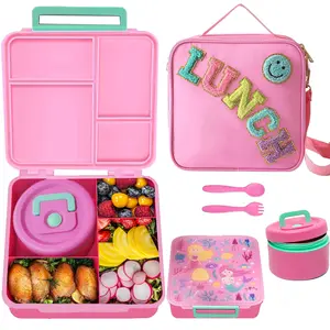 Insulated Bento Lunch Box with 4-Compartment Food Containers, 8oz BPA-Free Leak-Proof Floral Soup Thermo Jar, Includes Fork & Ample Storage Space, Kitchen Accessory for School Travel