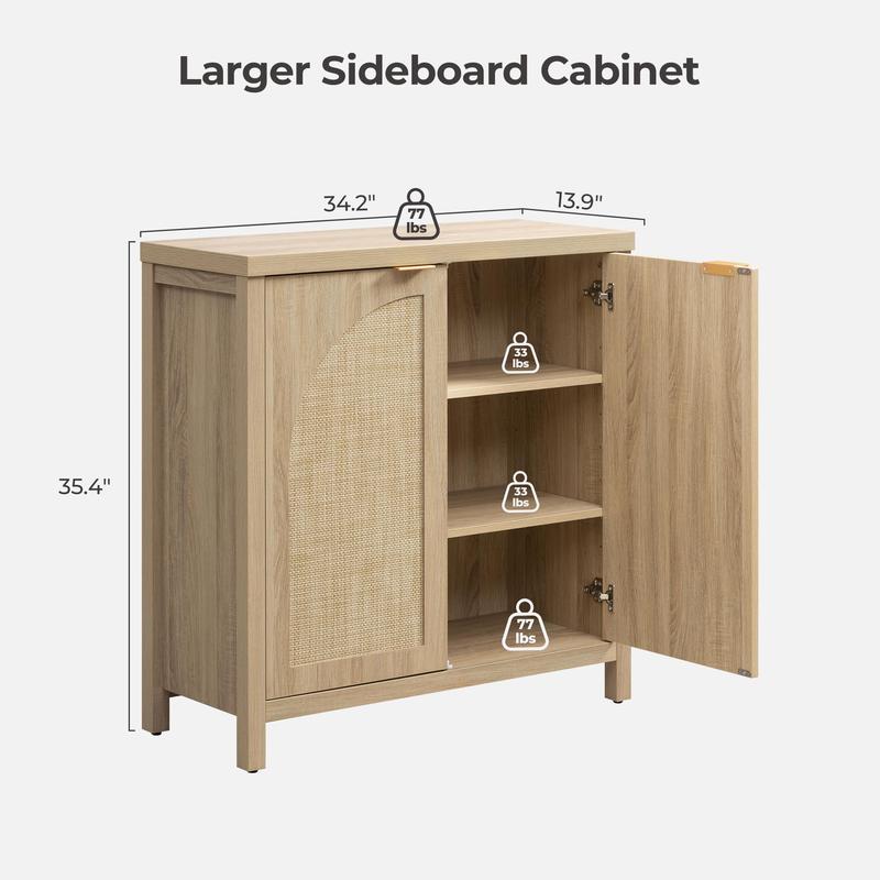 SICOTAS Accent  Storage Cabinet with Rattan Doors, Room Decor Sideboard Buffet Cabinet with Adjustable Shelves, Multifunctional Console Table Rattan Credenza for Dining Room Living Room Entryway, Versatile Design