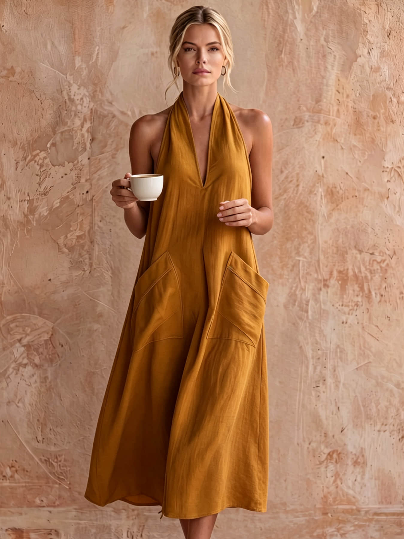 A fashionable women's neck hanging V-neck dress, summer Minimalist Casual loose sleeveless mid length lazy vacation long dress beach party dress suitable for beach vacation, coffee shop relaxation, afternoon tea, daily commuting, light office banquet