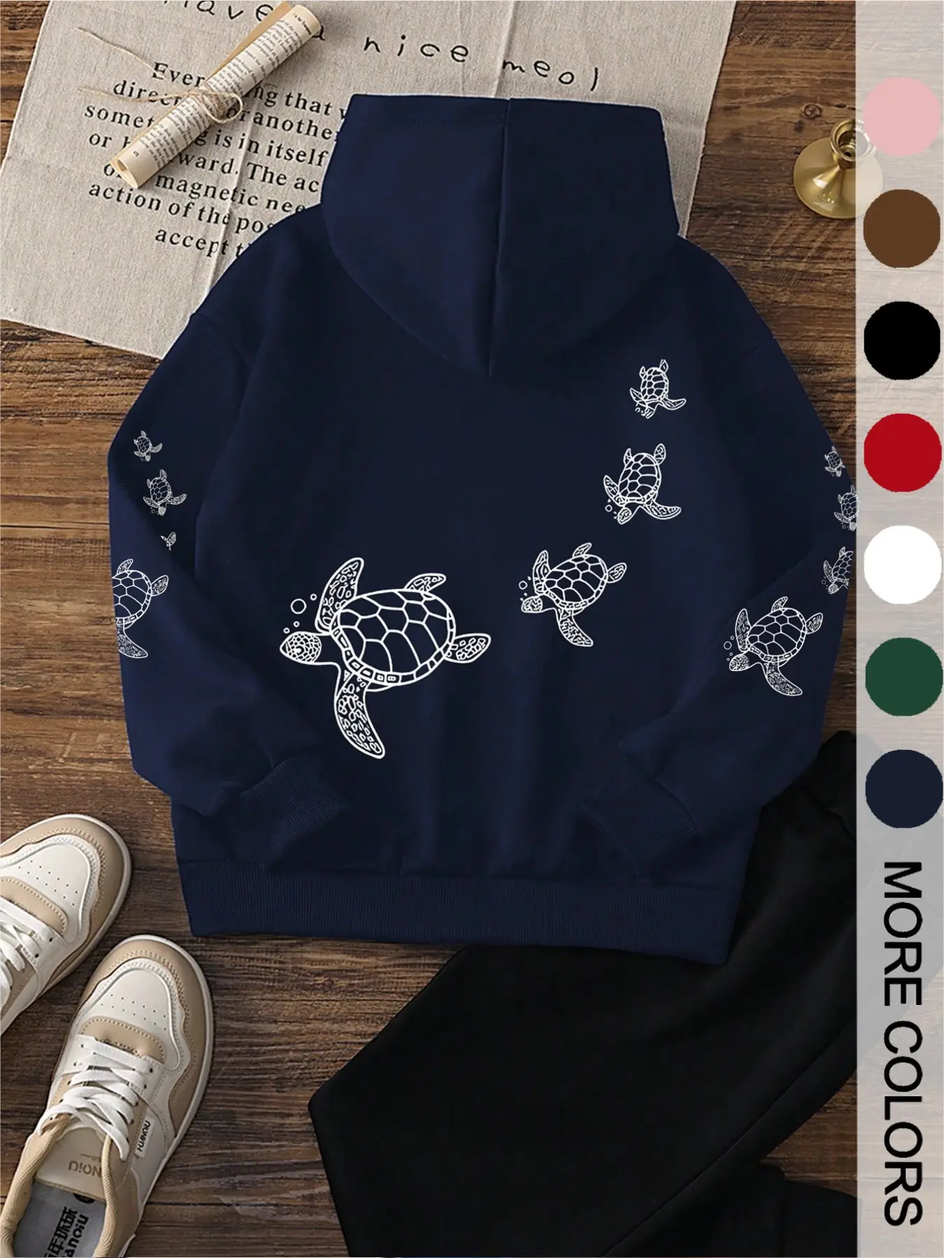 Turtle Line Print Hoodie Women, Casual Sweatshirt, Loose Fit Ocean Style Top, Fall & Winter Fashion, All over Print Design