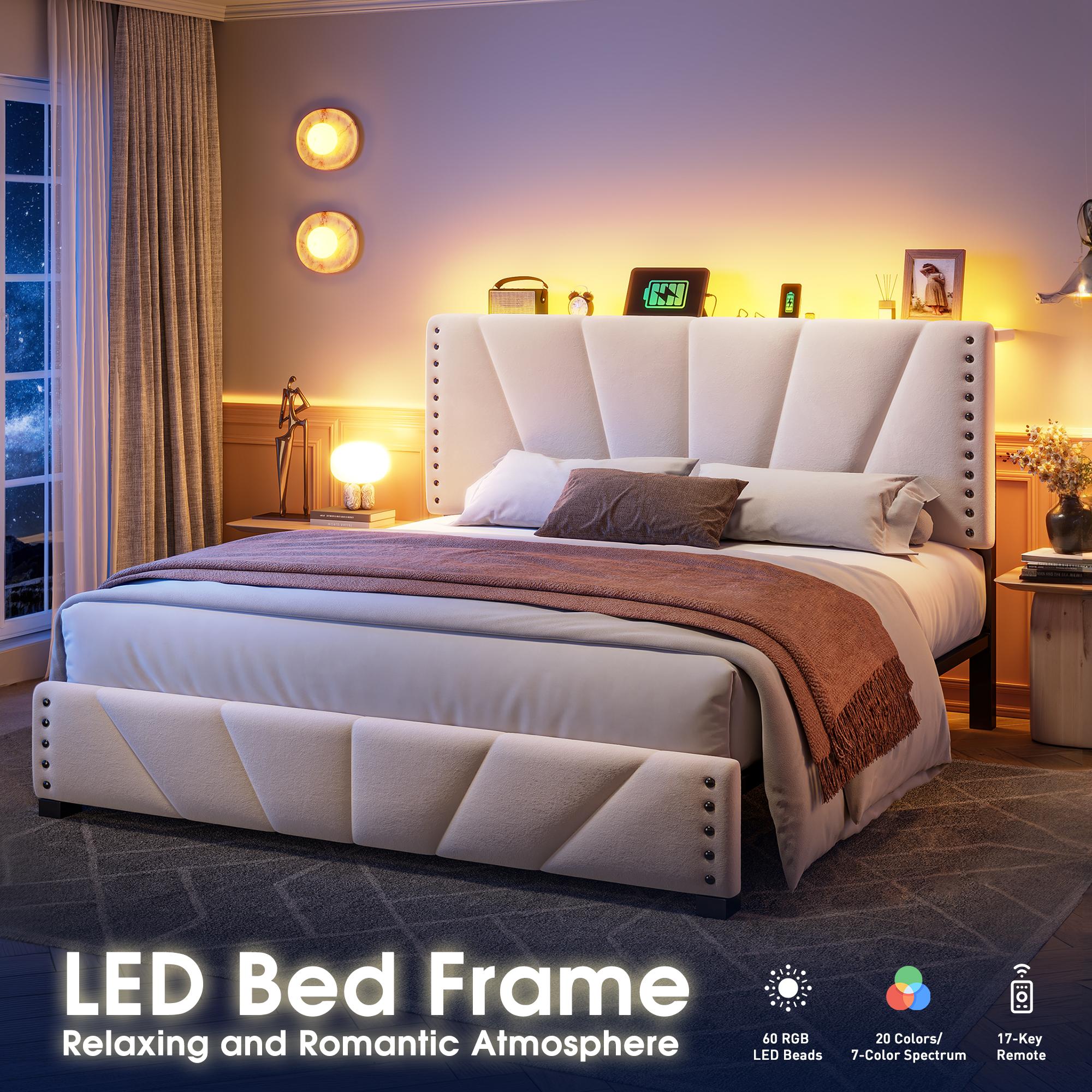 Full/Queen/King Size LED Bed Frame with Velvet Storage Headboard Platform Bed with Charging Station, No Mattress, Sturdy Wooden Slats Support