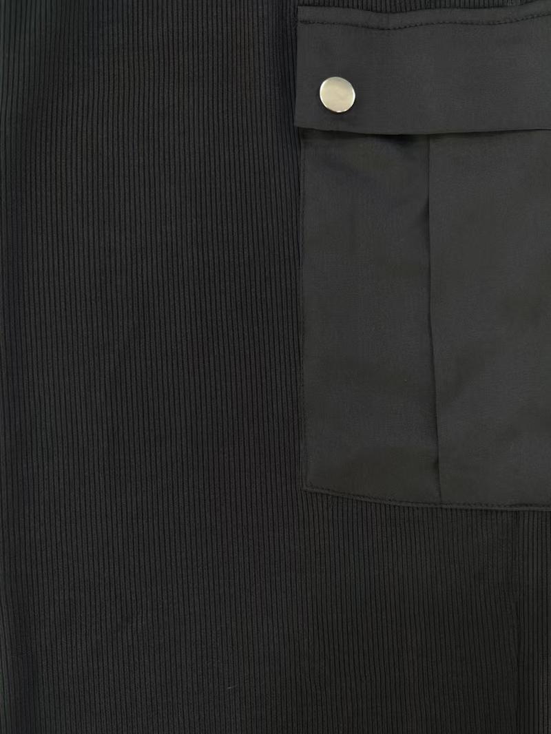 Women's Casual Fitted Set Top with Collar, Long Sleeve, Patchwork, Wide Leg Pants with Pockets, All Seasons Wear