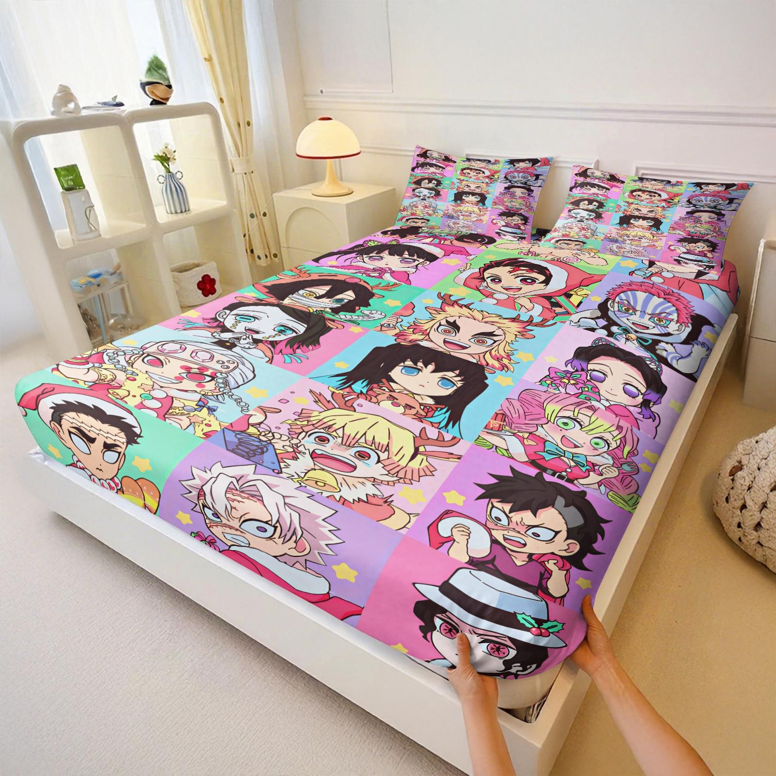 3-Piece Demon Slayer Bedding Set, Comfortable Printed Design, Includes 1 Fitted Sheet & 2 Pillowcases, Non-Slip, Perfect Gift, Bed Sheets