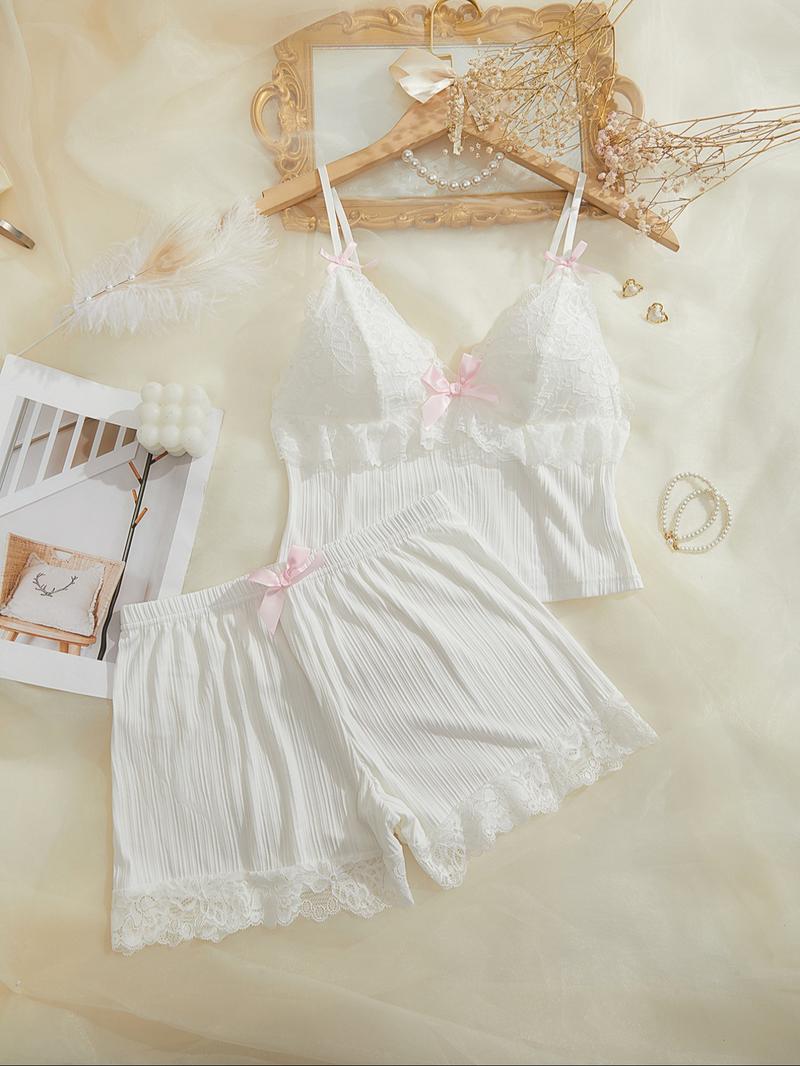 Women's Contrast Lace Bow Decor Ribbed Pyjama Two-piece Set, Cute Elegant Adjustable Spaghetti Strap Ruffle Trim Crop Camisole & Elastic Waist Shorts Pj Set, Ladies Sleepwear for All Seasons, Aesthetic Womenswear, Lingerie Nightwear