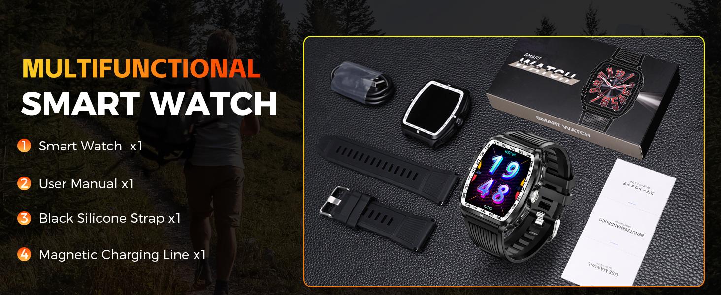 Smartwatch with LED/ UV Flashlight 5ATM Waterproof Smart Watches with Wireless Calling 100+ Sports Modes Diving Watch Multifunctional Digital Watch Gifts for Men