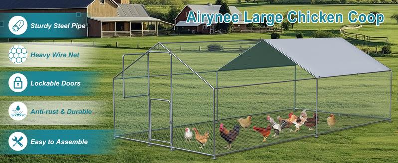 Chicken Coop Large Metal Chicken Run for 6/10 Chickens Poultry Cage with Waterproof Cover for Duck Walk-in Chicken Pen for Yard