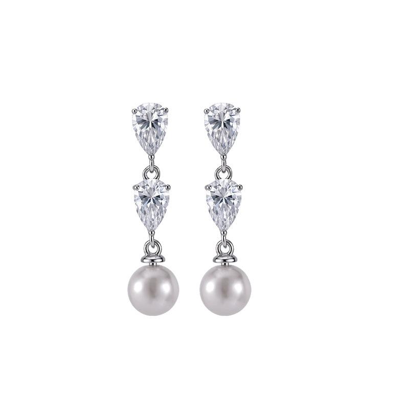 S925 sterling silver teardrop stud earrings with D color VVS moissanite and pearls; unique design, light luxury high-end feel; women’s moissanite jewelry earrings
