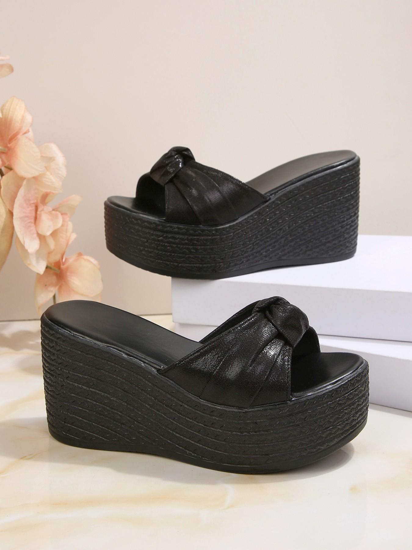 Rattan Wedge Sandals, Mimicking Rattan Texture Sole, Comfortable Walking, Simple Knot Design, Soft and Non-Restrictive, Versatile Style